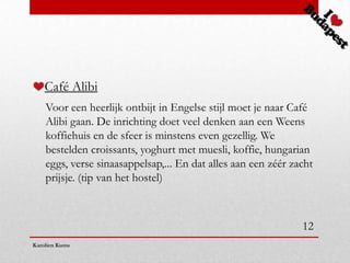 Café Alibi
    Voor een heerlijk ontbijt in Engelse stijl moet je naar Café
    Alibi gaan. De inrichting doet veel denken aan een Weens
    koffiehuis en de sfeer is minstens even gezellig. We
    bestelden croissants, yoghurt met muesli, koffie, hungarian
    eggs, verse sinaasappelsap,... En dat alles aan een zéér zacht
    prijsje. (tip van het hostel)



                                                               12
Karolien Kums
 
