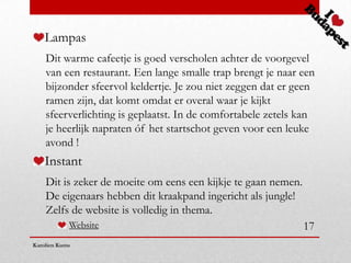 Lampas
    Dit warme cafeetje is goed verscholen achter de voorgevel
    van een restaurant. Een lange smalle trap brengt je naar een
    bijzonder sfeervol keldertje. Je zou niet zeggen dat er geen
    ramen zijn, dat komt omdat er overal waar je kijkt
    sfeerverlichting is geplaatst. In de comfortabele zetels kan
    je heerlijk napraten óf het startschot geven voor een leuke
    avond !
    Instant
    Dit is zeker de moeite om eens een kijkje te gaan nemen.
    De eigenaars hebben dit kraakpand ingericht als jungle!
    Zelfs de website is volledig in thema.
            Website                                            17
Karolien Kums
 