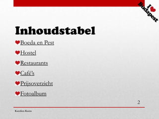 Inhoudstabel
    Boeda en Pest
    Hostel
    Restaurants
    Café’s
    Prijsoverzicht
    Fotoalbum
                     2
Karolien Kums
 