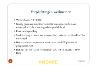 Verplichtingen werknemer
    Werken! (art. 7: 610 BW)
    Gevolg geven aan redelijke voorschriften en meewerken aan
    maatregelen ter bevordering arbeidsgeschiktheid
    Proactieve opstelling
    Medewerking verlenen aan het opstellen, evalueren en bijstellen Plan
    van Aanpak
    Het verrichten van passende arbeid waartoe de Wg hem in de
    gelegenheid stelt
    Het zijn van een “Goed werknemer” (art. 7: 611 en art. 7: 660A
    BW)

8                                                                8-12-2009
 