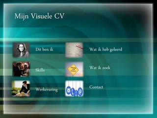 Mijn Visuele CV
Dit ben ik
Skills
Werkevaring
Wat ik heb geleerd
Wat ik zoek
Contact
 