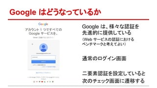Google はどうなっているか
Google は、様々な認証を
先進的に提供している
（Web サービスの認証における
ベンチマークと考えてよい）
通常のログイン画面
二要素認証を設定していると
次のチェック画面に遷移する
 