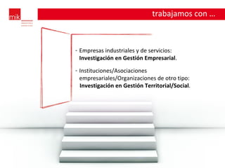 trabajamos con … Empresas industriales y de servicios:  Investigación en Gestión Empresarial . Instituciones/Asociaciones empresariales/Organizaciones de otro tipo:  Investigación en Gestión Territorial/Social . 