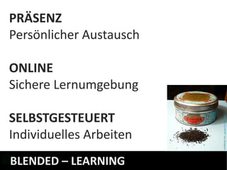 PRÄSENZ
Persönlicher Austausch

ONLINE
Sichere Lernumgebung

SELBSTGESTEUERT
Individuelles Arbeiten
BLENDED – LEARNING
 