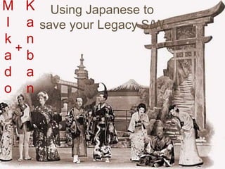 M
I
k
a
d
o
Using Japanese to
save your Legacy S/W
K
a
n
b
a
n
+
 