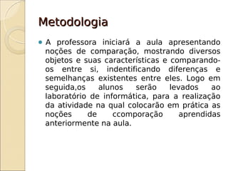Metodologia
A  professora iniciará a aula apresentando
 noções de comparação, mostrando diversos
 objetos e suas características e comparando-
 os entre si, indentificando diferenças e
 semelhanças existentes entre eles. Logo em
 seguida,os    alunos   serão     levados    ao
 laboratório de informática, para a realização
 da atividade na qual colocarão em prática as
 noções     de     ccomporação       aprendidas
 anteriormente na aula.
 