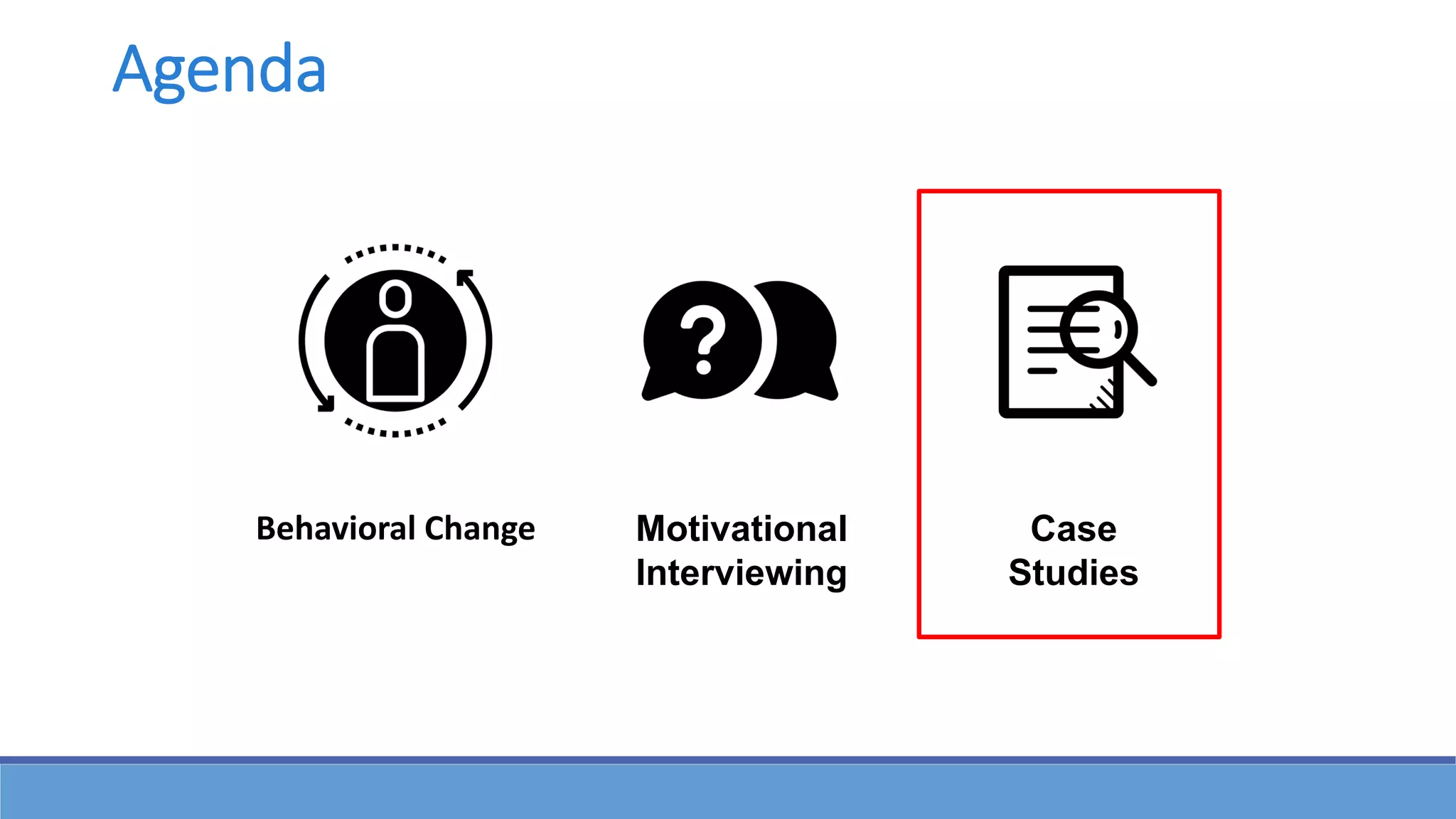 Motivational
Interviewing
Case
Studies
Behavioral Change
Agenda
 