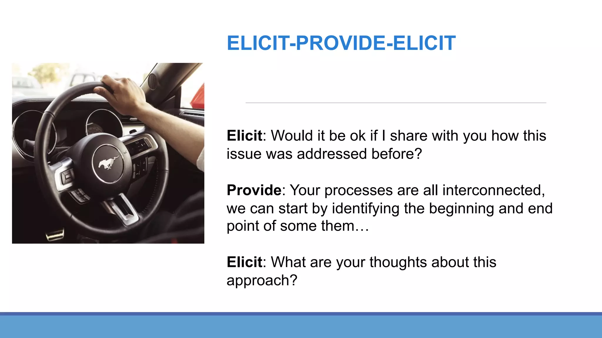 ELICIT-PROVIDE-ELICIT
Elicit: Would it be ok if I share with you how this
issue was addressed before?
Provide: Your processes are all interconnected,
we can start by identifying the beginning and end
point of some them…
Elicit: What are your thoughts about this
approach?
 
