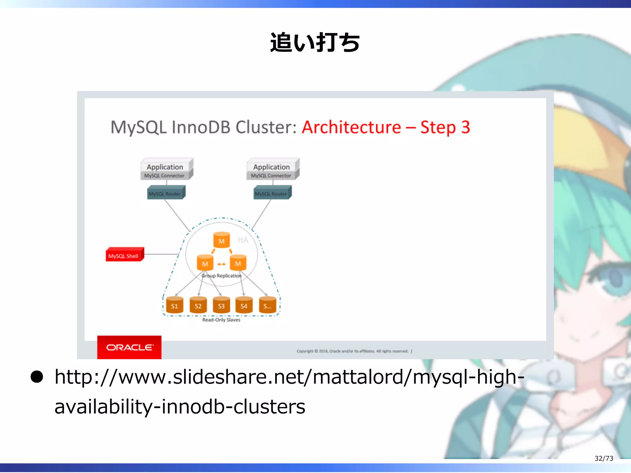 追い打ち
http://www.slideshare.net/mattalord/mysql-high-
availability-innodb-clusters
32/73
 