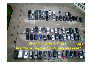 周末有人来加班了吗？
Are there anyone OT during weekend?
A th                d i       k d?
 