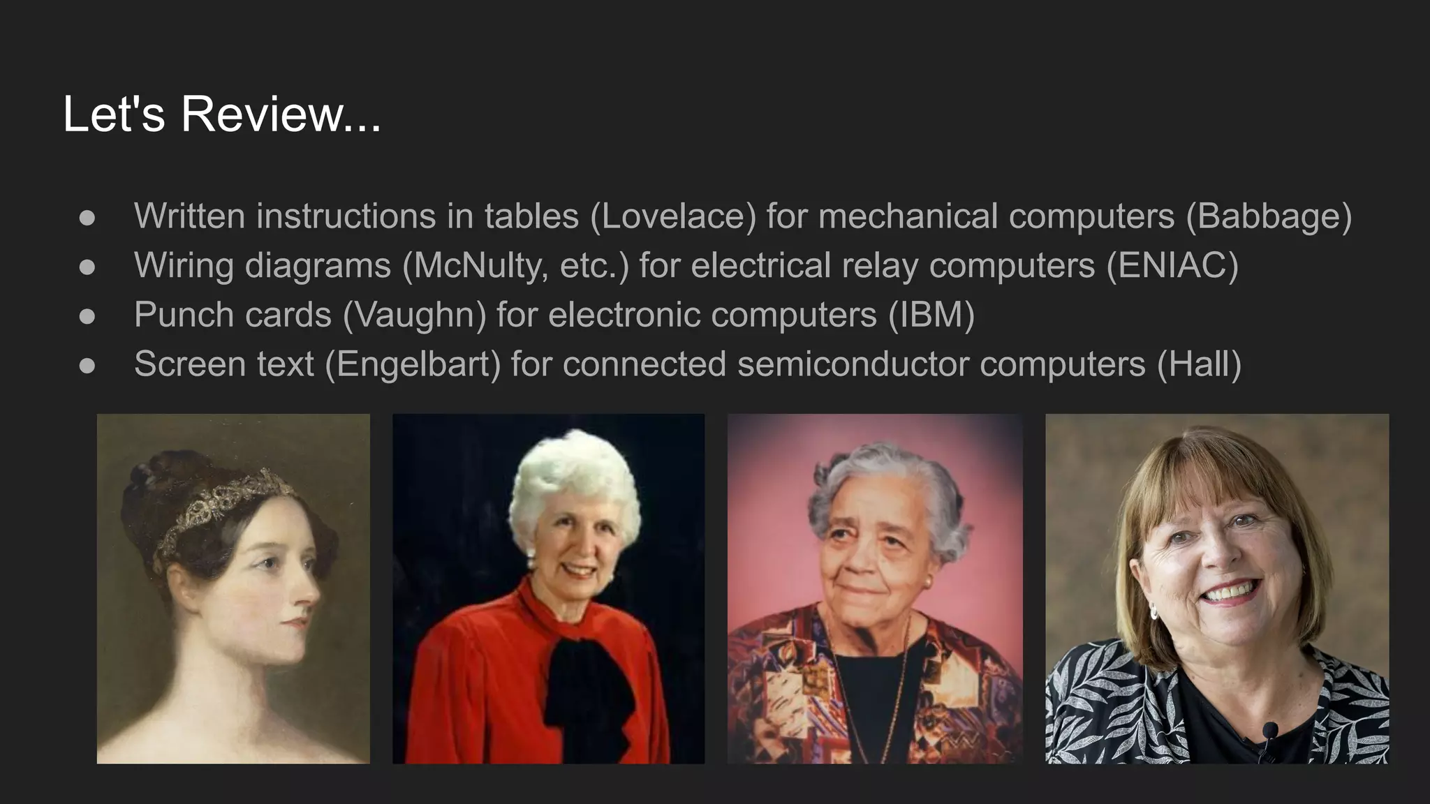 Let's Review...
● Written instructions in tables (Lovelace) for mechanical computers (Babbage)
● Wiring diagrams (McNulty, etc.) for electrical relay computers (ENIAC)
● Punch cards (Vaughn) for electronic computers (IBM)
● Screen text (Engelbart) for connected semiconductor computers (Hall)
 