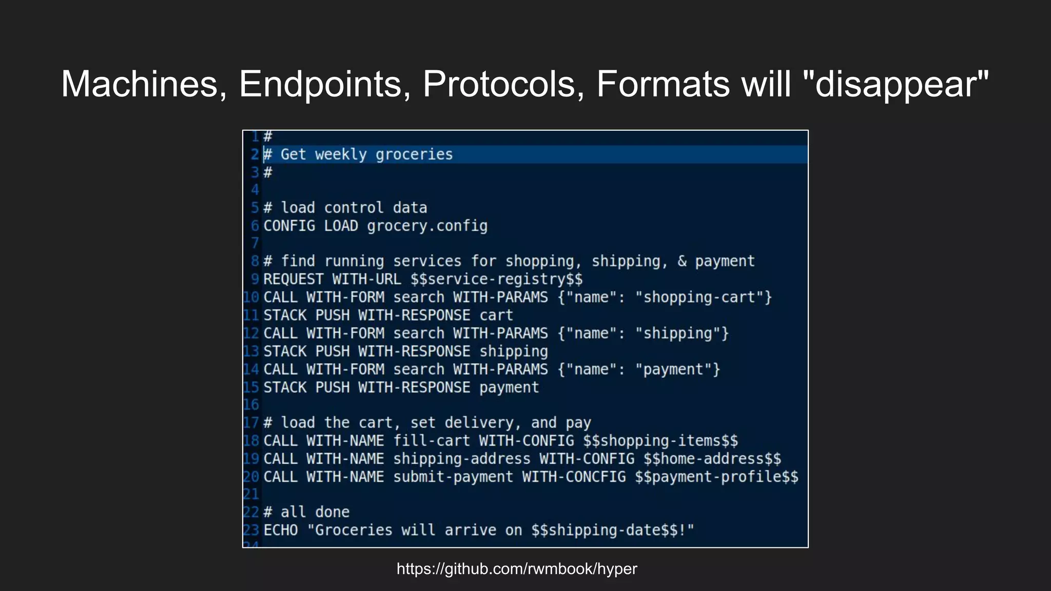 Machines, Endpoints, Protocols, Formats will "disappear"
https://github.com/rwmbook/hyper
 