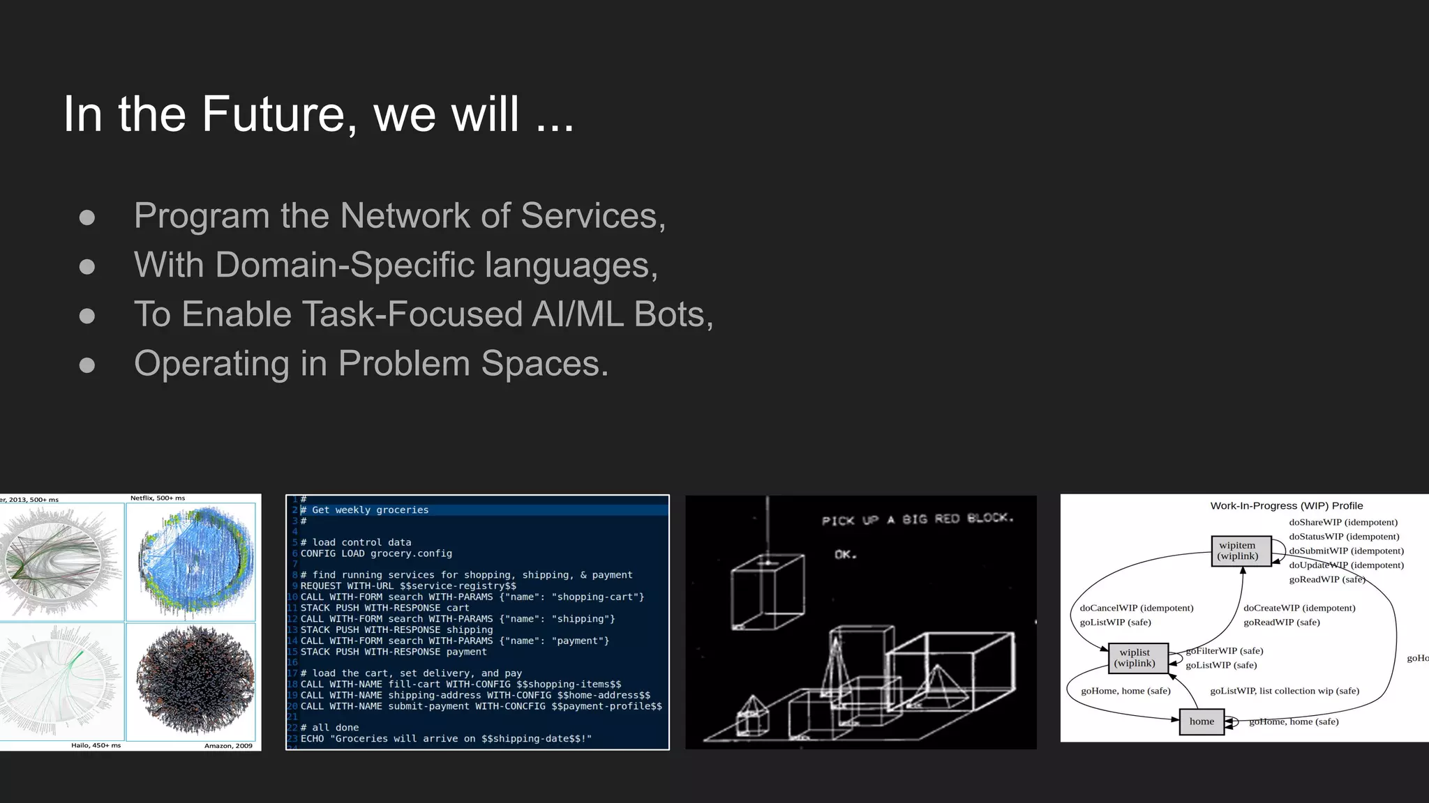 In the Future, we will ...
● Program the Network of Services,
● With Domain-Specific languages,
● To Enable Task-Focused AI/ML Bots,
● Operating in Problem Spaces.
 