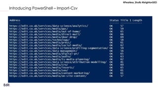 @Fearless_Shultz #brightonSEO
Introducing PowerShell – Import-Csv
 