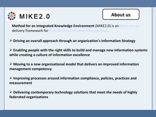 Method for an Integrated Knowledge Environment  (MIKE2.0) is an  open source  delivery framework for  Enterprise Information Management .  Driving an overall approach through an organization's Information Strategy Enabling people with the right skills to build and manage new information systems while creating a culture of information excellence  Moving to a new organisational model that delivers an improved information management competency  Improving processes around information compliance, policies, practices and measurement  Delivering contemporary technology solutions that meet the needs of highly federated organizations  About us 