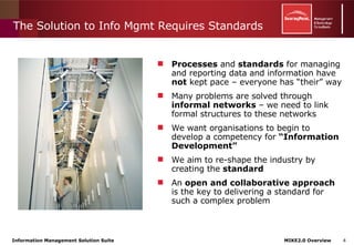 The Solution to Info Mgmt Requires Standards Processes  and  standards  for managing and reporting data and information have  not  kept pace – everyone has “their” way Many problems are solved through  informal networks  – we need to link formal structures to these networks We want organisations to begin to develop a competency for  “Information Development” We aim to re-shape the industry by creating the  standard An  open and collaborative approach  is the key to delivering a standard for such a complex problem 