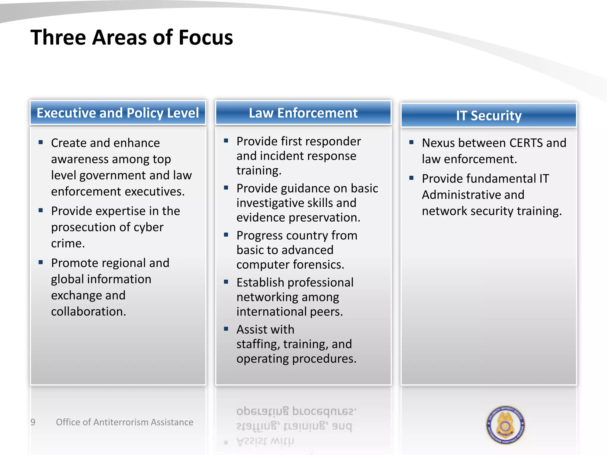 Create and enhance awareness among top level government and law enforcement executives.Provide expertise in the prosecution of cyber crime.Promote regional and global information exchange and collaboration.Provide first responder and incident response training.Provide guidance on basic investigative skills and evidence preservation.Progress country from basic to advanced computer forensics.Establish professional networking among international peers.Assist with staffing, training, and operating procedures.Nexus between CERTS and law enforcement.Provide fundamental IT Administrative and network security training.IT SecurityThree Areas of FocusOffice of Antiterrorism Assistance9Law EnforcementExecutive and Policy Level