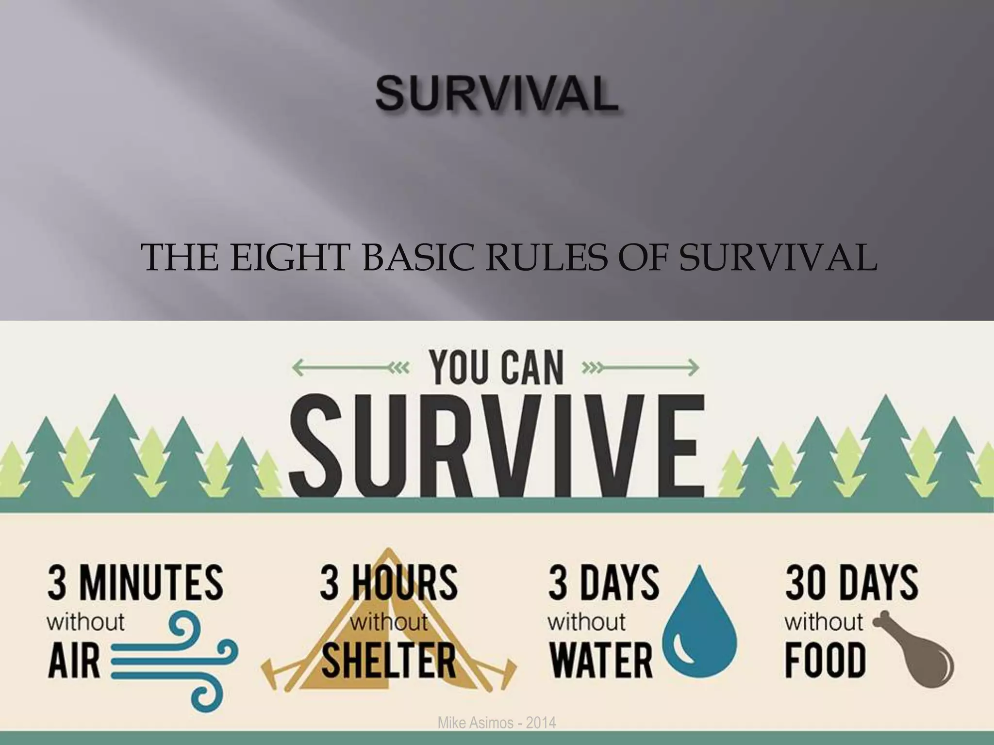 THE EIGHT BASIC RULES OF SURVIVAL 
Mike Asimos - 2014 
 