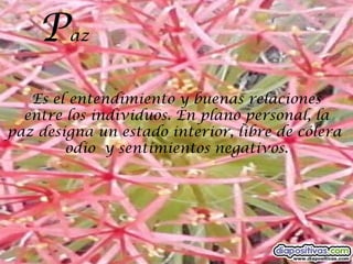 P   az



   Es el entendimiento y buenas relaciones
  entre los individuos. En plano personal, la
paz designa un estado interior, libre de cólera
        odio y sentimientos negativos.
 