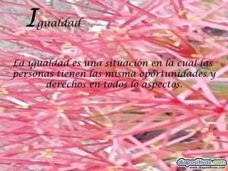 I   gualdad


La igualdad es una situación en la cual las
personas tienen las misma oportunidades y
       derechos en todos lo aspectos.
 