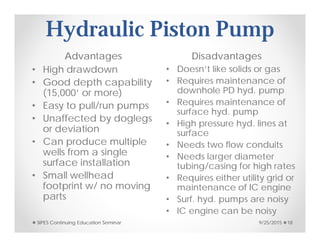 Hydraulic Piston Pump
Advantages Disadvantages
• High drawdown
• Good depth capability
(15,000’ or more)
• Easy to pull/run pumps
• Unaffected by doglegs
or deviation
• Can produce multiple
wells from a single
surface installation
• Small wellhead
footprint w/ no moving
parts
• Doesn’t like solids or gas
• Requires maintenance of
downhole PD hyd. pump
• Requires maintenance of
surface hyd. pump
• High pressure hyd. lines at
surface
• Needs two flow conduits
• Needs larger diameter
tubing/casing for high rates
• Requires either utility grid or
maintenance of IC engine
• Surf. hyd. pumps are noisy
• IC engine can be noisy
9/25/2015SIPES Continuing Education Seminar 18
 