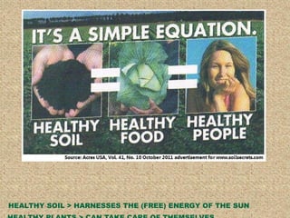 HEALTHY SOIL > HARNESSES THE (FREE) ENERGY OF THE SUN  HEALTHY PLANTS > CAN TAKE CARE OF THEMSELVES  HEALTHY PEOPLE > GOOD NUTRITION IS THE BASIS OF GOOD HEALTH 