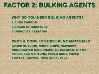 FACTOR 2: BULKING AGENTS WHY DO YOU NEED BULKING AGENTS?  ADDS CARBON SOAKS UP MOISTURE IMPROVES AREATION PROS & CONS FOR DIFFERENT MATERIALS (WOOD SHAVING, WOOD CHIPS, SAWDUST, CORROGATED CARDBOARD, NEWSPAPER, OFFICE PAPER, EGG CARTONS, PAPER BAGS, PAPER TOWELS, LEAVES, TREE BARK, ETC) 