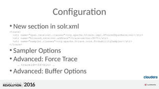 Configuration
●
New section in solr.xml
<trace>
<str name="span.receiver.classes">org.apache.htrace.impl.HTracedSpanReceiv...