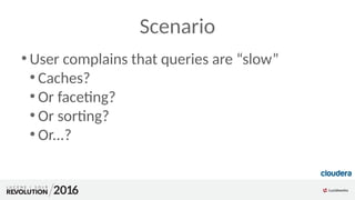 Scenario
●
User complains that queries are “slow”
●
Caches?
●
Or faceting?
●
Or sorting?
●
Or...?
 