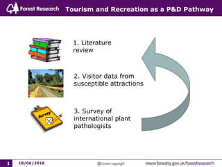 18/06/20181
Tourism and Recreation as a P&D Pathway
2. Visitor data from
susceptible attractions
1. Literature
review
3. Survey of
international plant
pathologists
 
