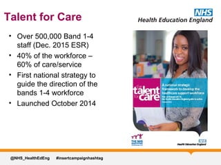 Talent for Care
• Over 500,000 Band 1-4
staff (Dec. 2015 ESR)
• 40% of the workforce –
60% of care/service
• First national strategy to
guide the direction of the
bands 1-4 workforce
• Launched October 2014
@NHS_HealthEdEng #insertcampaignhashtag
 
