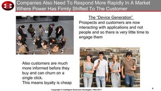 6
Copyright © Intelligent Business Strategies 1992-2017
Companies Also Need To Respond More Rapidly In A Market
Where Power Has Firmly Shifted To The Customer
Also customers are much
more informed before they
buy and can churn on a
single click.
This means loyalty is cheap
The “Device Generation”
Prospects and customers are now
interacting with applications and not
people and so there is very little time to
engage them
 