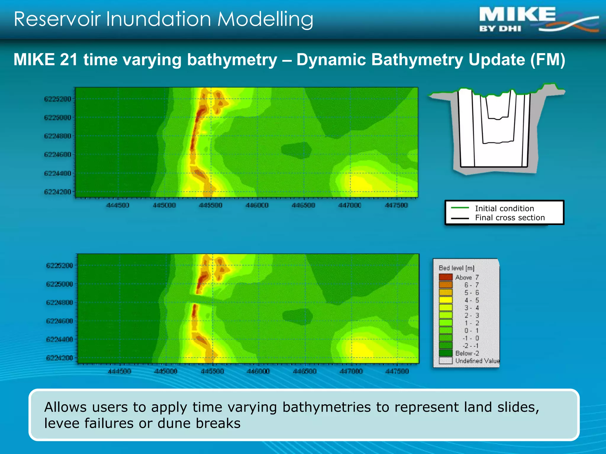 Reservoir Inundation Modelling
MIKE 21 time varying bathymetry – Dynamic Bathymetry Update (FM)




                                                                  Initial condition
                                                                  Final cross section




   Allows users to apply time varying bathymetries to represent land slides,
   levee failures or dune breaks
 