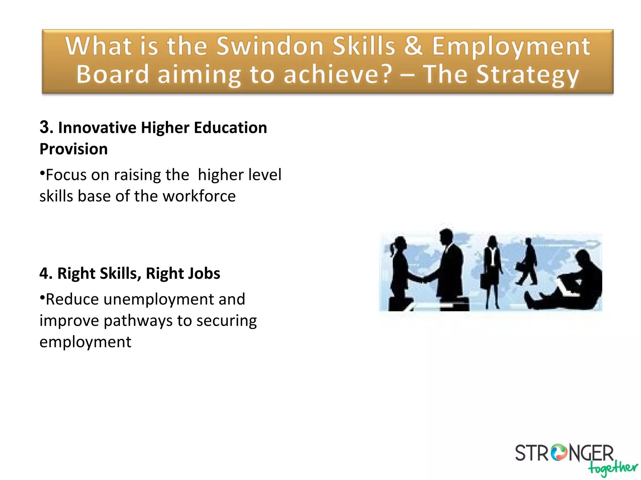 Our Priorities
3. Innovative Higher Education
Provision
•Focus on raising the higher level
skills base of the workforce
4. Right Skills, Right Jobs
•Reduce unemployment and
improve pathways to securing
employment
 