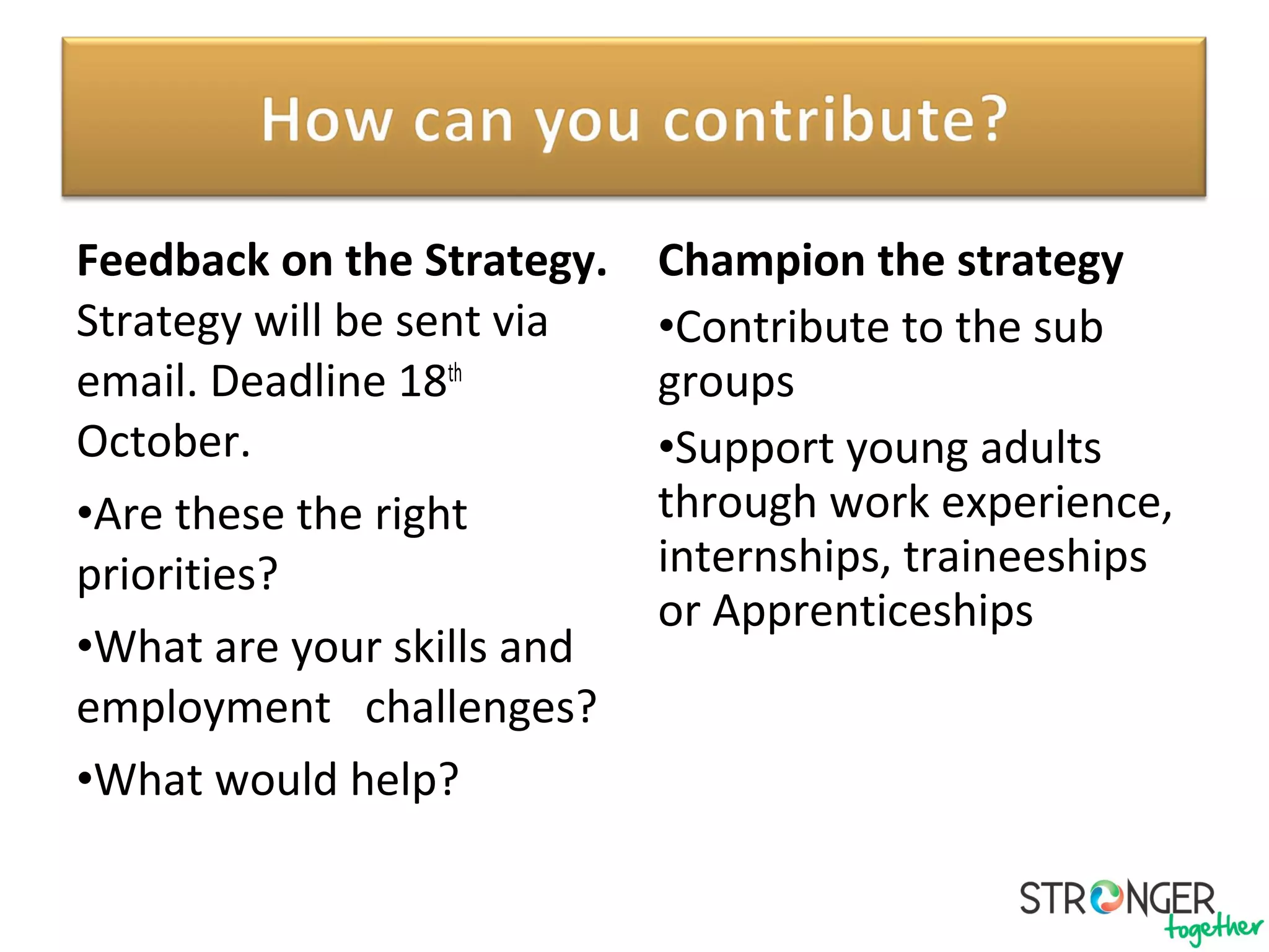 Feedback on the Strategy.
Strategy will be sent via
email. Deadline 18th
October.
•Are these the right
priorities?
•What are your skills and
employment challenges?
•What would help?
Champion the strategy
•Contribute to the sub
groups
•Support young adults
through work experience,
internships, traineeships
or Apprenticeships
 