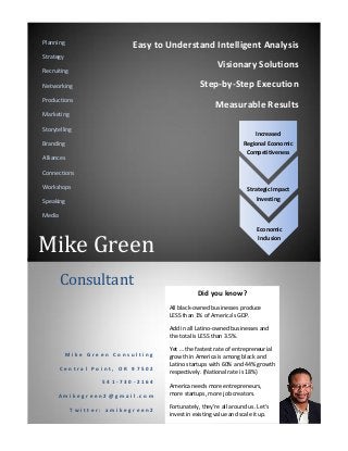 Mike Green
M i k e G r e e n C o n s u l t i n g
C e n t r a l P o i n t , O R 9 7 5 0 2
5 4 1 - 7 3 0 - 2 1 6 4
A m i k e g r e e n 2 @ g m a i l . c o m
T w i t t e r : a m i k e g r e e n 2
Consultant
Did you know?
All black-owned businesses produce
LESS than 1% of America’s GDP.
Add in all Latino-owned businesses and
the total is LESS than 3.5%.
Yet … the fastest rate of entrepreneurial
growth in America is among black and
Latino startups with 60% and 44% growth
respectively. (National rate is 18%)
America needs more entrepreneurs,
more startups, more job creators.
Fortunately, they’re all around us. Let’s
invest in existing value and scale it up.
Planning
Strategy
Recruiting
Networking
Productions
Marketing
Storytelling
Branding
Alliances
Connections
Workshops
Speaking
Media
Easy to Understand Intelligent Analysis
Visionary Solutions
Step-by-Step Execution
Measurable Results
Increased
Regional Economic
Competitiveness
Strategic Impact
Investing
Economic
Inclusion
 