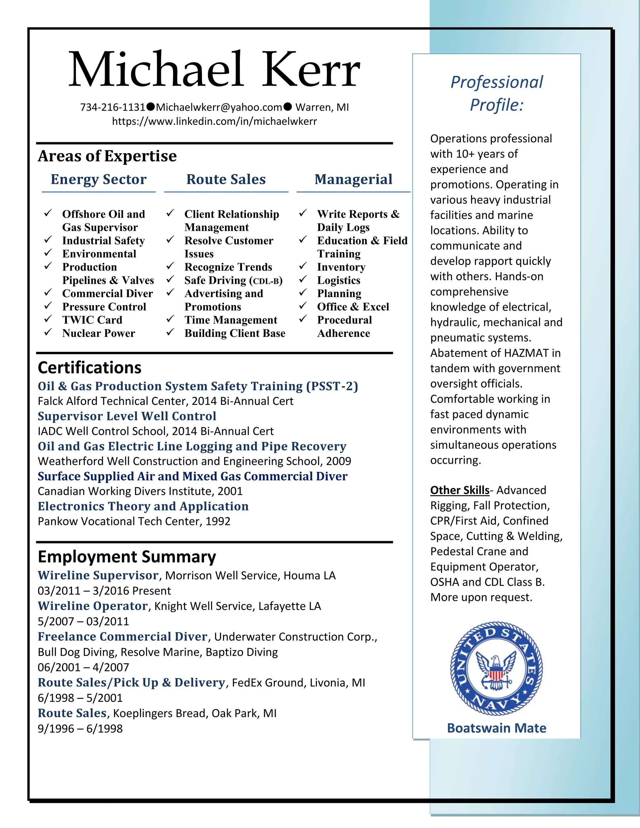 Michael Kerr 39 s Energy Oil and - Michael Kerr S Energy Oil And Gas HAZMAT Route Sales And Managerial Resume 1 2048 