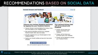 BASED ONSOCIAL DATA 
Amazon is also using the social data to make recommendations to you about what you or your friends might be interested in through collaborate filtering algorithms and rule-based displays.  