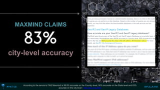 MAXMIND CLAIMScity-level accuracy 
According to the service’s FAQ Maxmind is 99.8% accurate on the Country level, 90% accurate on the State level and 83% accurate on the city level -http://bit.ly/1jeJ6KA  