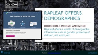 HOUSEHOLD INCOME AND MORE 
RapLeaf offers a wealth of demographic information such as gender, presence of children, net worth, etc. 
RapLeaf -http://www.rapleaf.com  