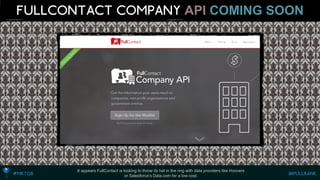 APICOMING SOON 
It appears FullContact is looking to throw its hat in the ring with data providers like Hoovers 
or Salesforce’s Data.com for a low cost.  