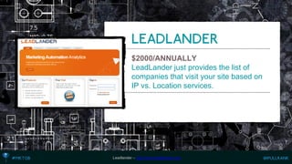 $2000/ANNUALLY 
LeadLander just provides the list of companies that visit your site based on IP vs. Location services. 
Leadlander –http://www.leadlander.com  