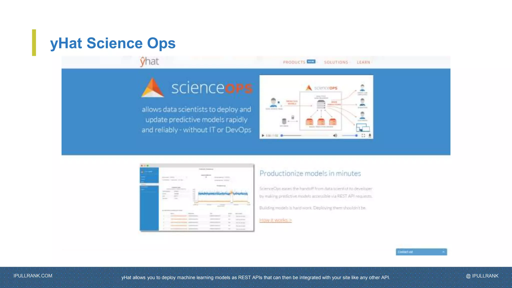 IPULLRANK.COM @ IPULLRANK
yHat Science Ops
yHat allows you to deploy machine learning models as REST APIs that can then be integrated with your site like any other API.
 
