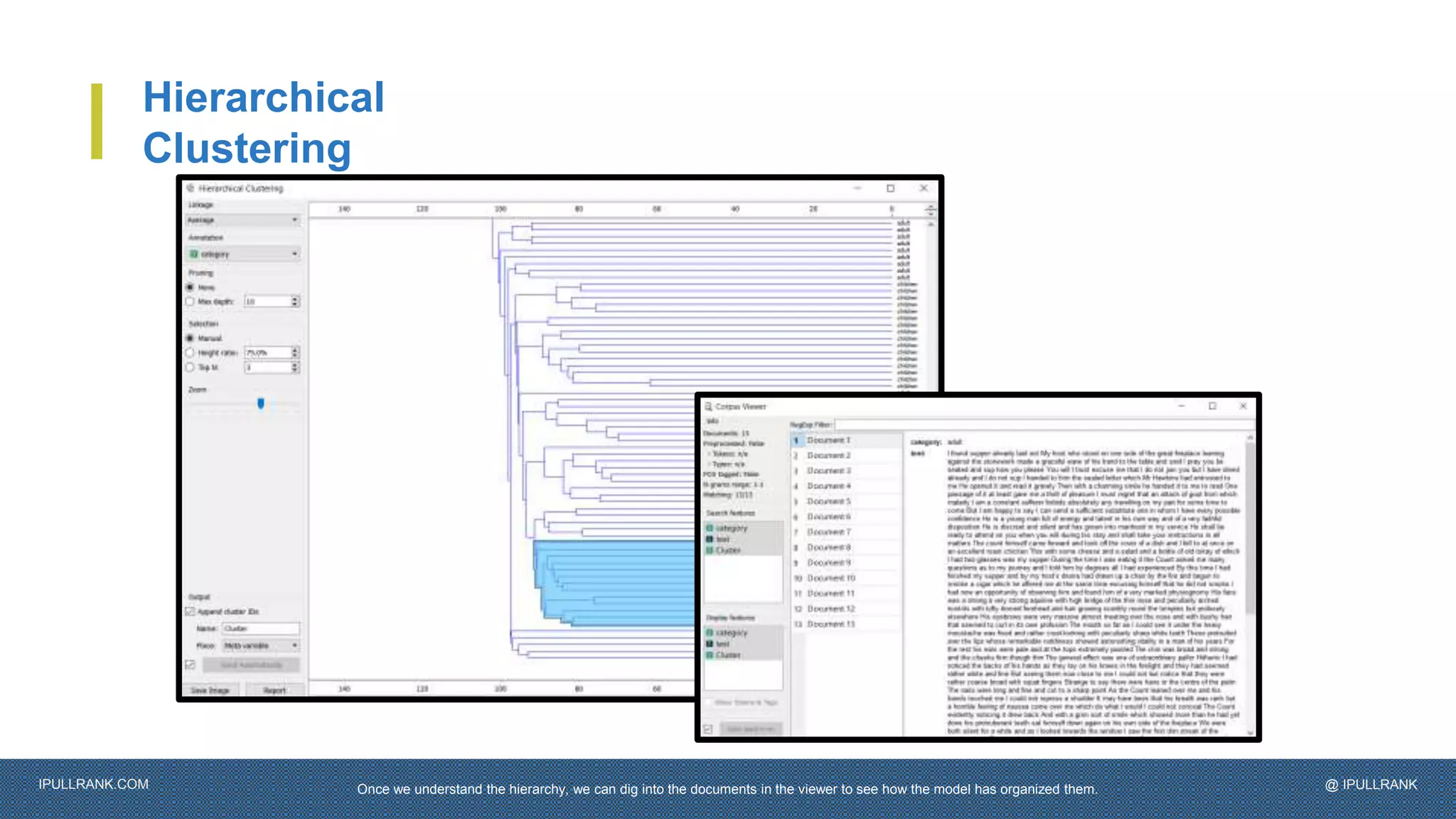 IPULLRANK.COM @ IPULLRANK
Hierarchical
Clustering
Once we understand the hierarchy, we can dig into the documents in the viewer to see how the model has organized them.
 