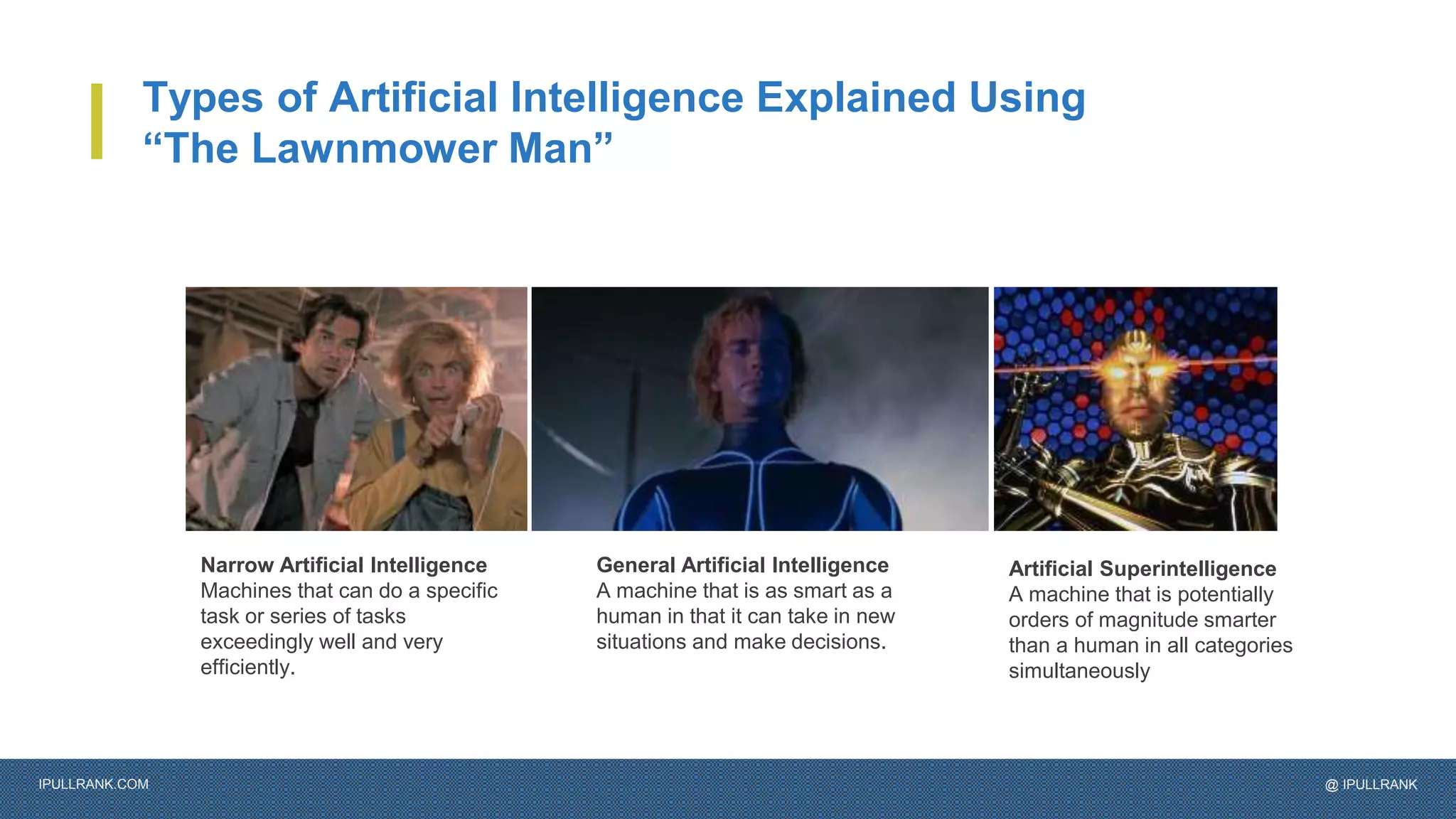 IPULLRANK.COM @ IPULLRANK
Types of Artificial Intelligence Explained Using
“The Lawnmower Man”
Narrow Artificial Intelligence
Machines that can do a specific
task or series of tasks
exceedingly well and very
efficiently.
General Artificial Intelligence
A machine that is as smart as a
human in that it can take in new
situations and make decisions.
Artificial Superintelligence
A machine that is potentially
orders of magnitude smarter
than a human in all categories
simultaneously
 