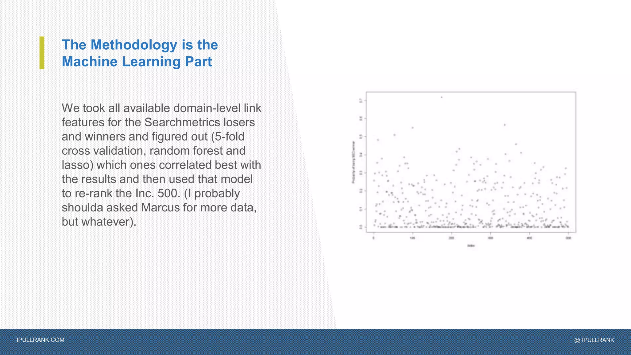 IPULLRANK.COM @ IPULLRANK
The Methodology is the
Machine Learning Part
We took all available domain-level link
features for the Searchmetrics losers
and winners and figured out (5-fold
cross validation, random forest and
lasso) which ones correlated best with
the results and then used that model
to re-rank the Inc. 500. (I probably
shoulda asked Marcus for more data,
but whatever).
 