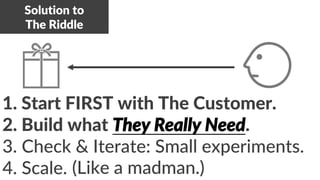 Solution to
The Riddle
1. Start FIRST with The Customer.
2. Build what They Really Need.
3. Check & Iterate: Small experiments.
4. Scale. (Like a madman.)
 