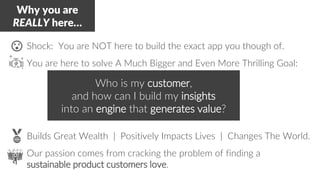 • Shock: You are NOT here to build the exact app you though of.
• You are here to solve A Much Bigger and Even More Thrilling Goal:
• Builds Great Wealth | Positively Impacts Lives | Changes The World.
• Our passion comes from cracking the problem of finding a
sustainable product customers love.
Why you are
REALLY here…
Who is my customer,
and how can I build my insights
into an engine that generates value?
 