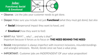 Jobs:
Functional, Social
& Emotional
• Observe: List the jobs your customer needs to get done.
• Deeper: Make sure you include not just Functional (what they must get done), but also
 Social (interpersonal impact they want to have), and
 Emotional (how they want to feel)
• WHY? Ask “WHY? … why? … and why is that?”.
Important because it forces us to focus on THE NEED BEHIND THE NEED
• Revisit: Interpretation is always imperfect with incorrect inclusions, misunderstandings
and wrongful omissions. Revisit, iterate once we have a value prop.
• IMPORTANT: Customer jobs are INDEPENDENT OF your value proposition!
 