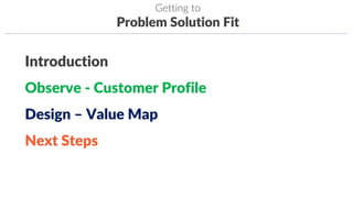 Introduction
Observe - Customer Profile
Design – Value Map
Next Steps
Getting to
Problem Solution Fit
 